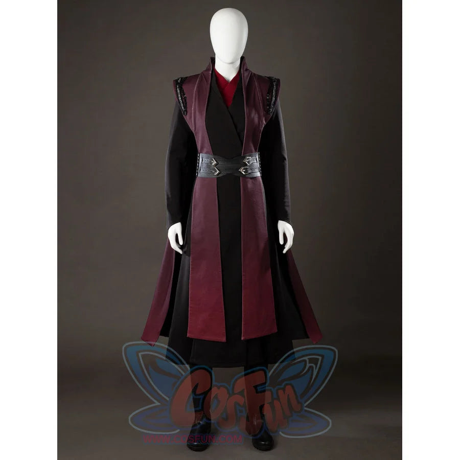Rhaenyra Targaryen cosplay outer robe front view opens above black layers under a centered cincher.