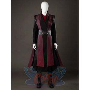 Rhaenyra Targaryen cosplay outer robe front view opens above black layers under a centered cincher.