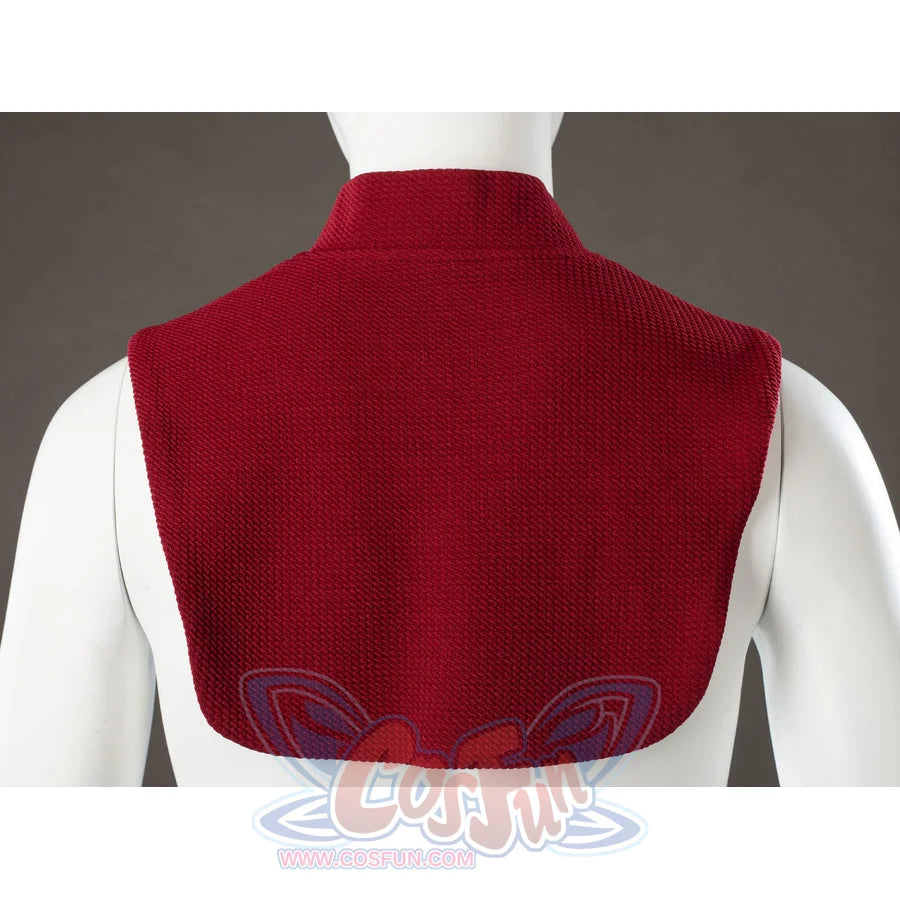 Rhaenyra Targaryen cosplay red collar back detail curves the ribbed knit piece below the neck.