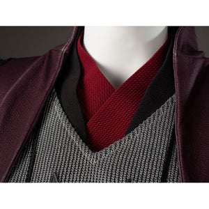 Rhaenyra Targaryen cosplay red collar detail layers knit texture beneath black and gray neckline pieces.