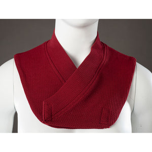 Rhaenyra Targaryen cosplay red collar front detail crosses ribbed knit layers beneath the robe neckline.