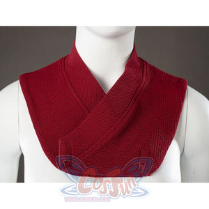 Rhaenyra Targaryen cosplay red collar front detail crosses ribbed knit layers beneath the robe neckline.