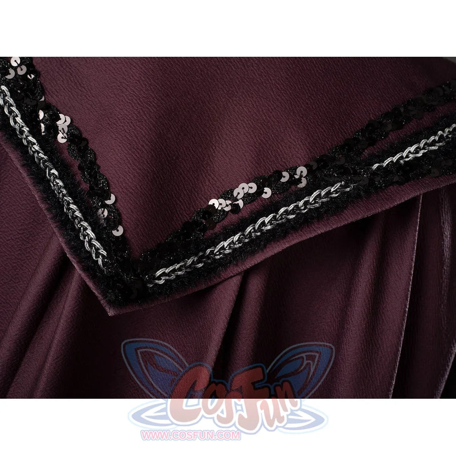Rhaenyra Targaryen cosplay robe trim close-up textures maroon fabric below black sequined edging.