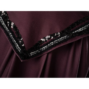 Rhaenyra Targaryen cosplay robe trim close-up textures maroon fabric below black sequined edging.