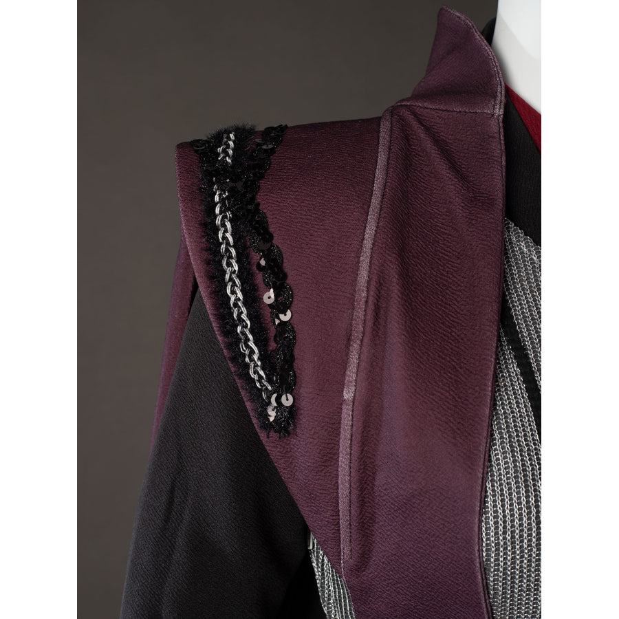 Rhaenyra Targaryen cosplay shoulder trim detail borders maroon fabric under black sequined edging.