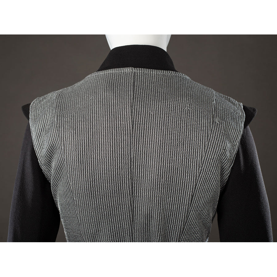 Rhaenyra Targaryen cosplay vest back panel detail keeps fine gray ribbing beneath a black collar.