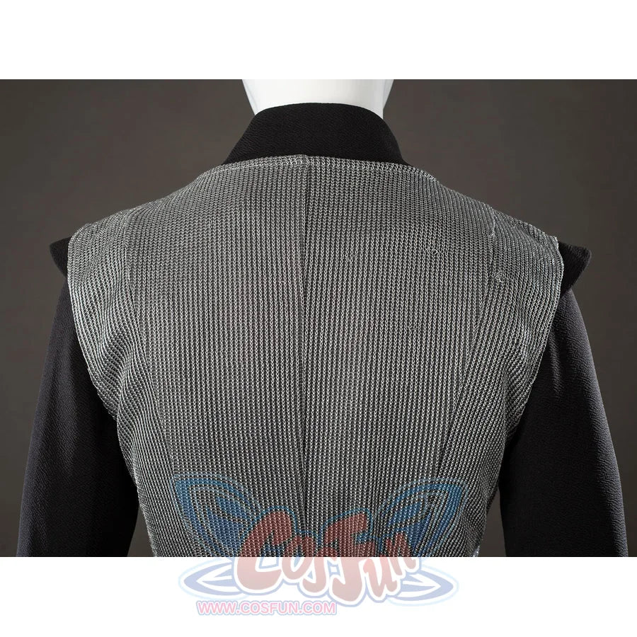 Rhaenyra Targaryen cosplay vest back panel detail keeps fine gray ribbing beneath a black collar.