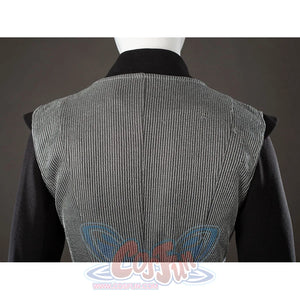 Rhaenyra Targaryen cosplay vest back panel detail keeps fine gray ribbing beneath a black collar.