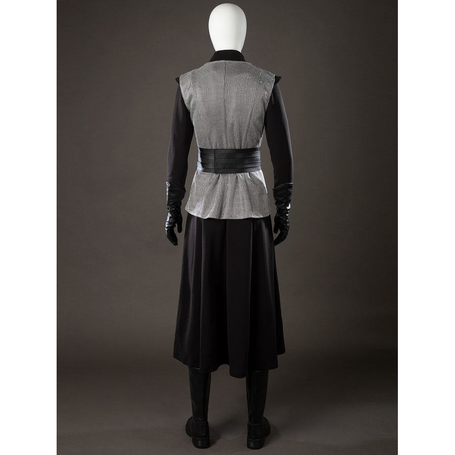 Rhaenyra Targaryen cosplay vest back view cinches the gray panel under a wide black waist band.