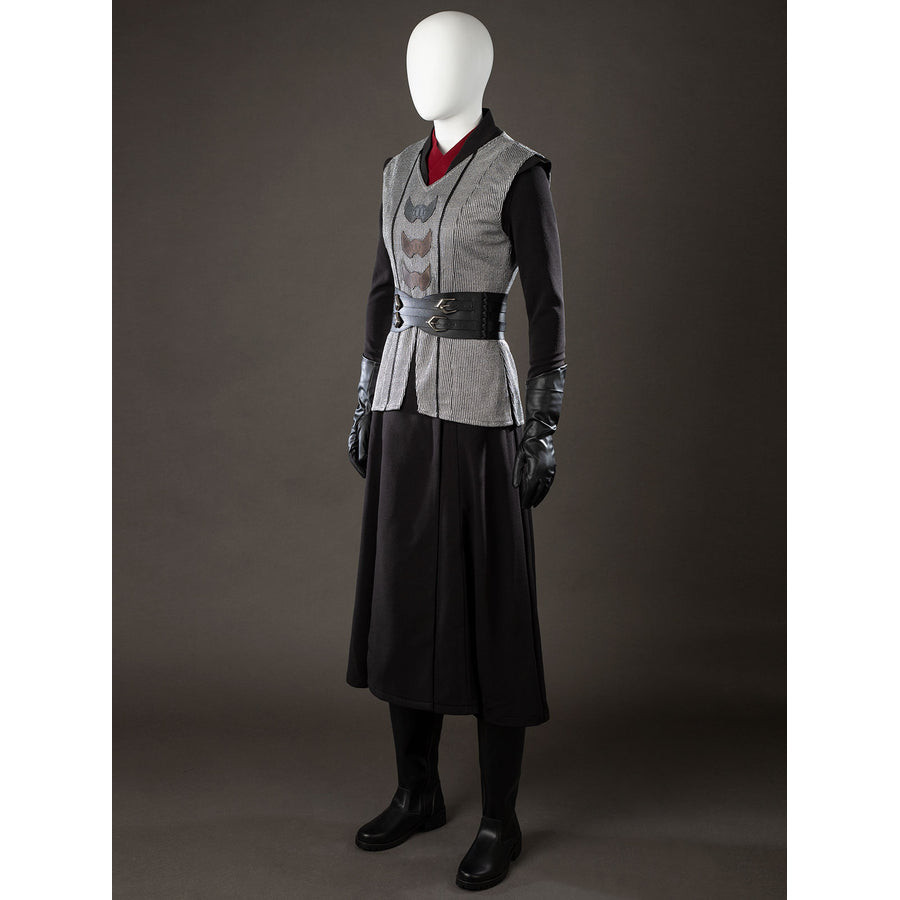 Rhaenyra Targaryen cosplay vest angled view frames the red inner collar beneath gray front panels.