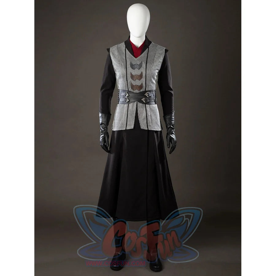 Rhaenyra Targaryen cosplay vest front view sets gray textured panels over a black skirt.
