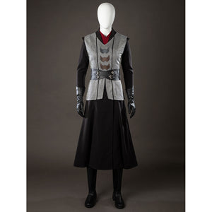 Rhaenyra Targaryen cosplay vest front view sets gray textured panels over a black skirt.