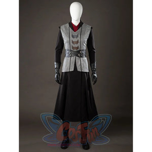 Rhaenyra Targaryen cosplay vest front view sets gray textured panels over a black skirt.