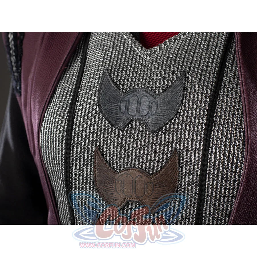 Rhaenyra Targaryen cosplay vest emblem detail stacks dark appliques over the gray textured front panel.