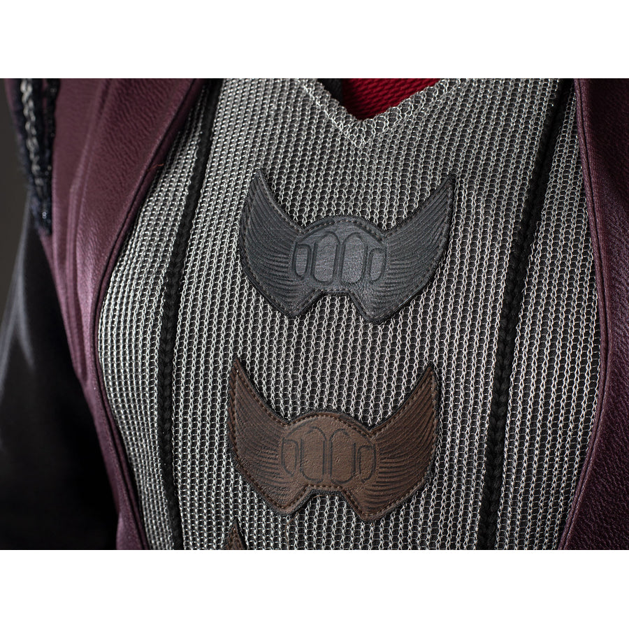 Rhaenyra Targaryen cosplay vest emblem detail stacks dark appliques over the gray textured front panel.