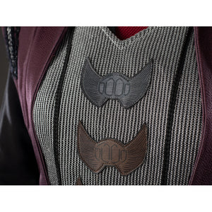 Rhaenyra Targaryen cosplay vest emblem detail stacks dark appliques over the gray textured front panel.