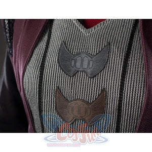 Rhaenyra Targaryen cosplay vest emblem detail stacks dark appliques over the gray textured front panel.