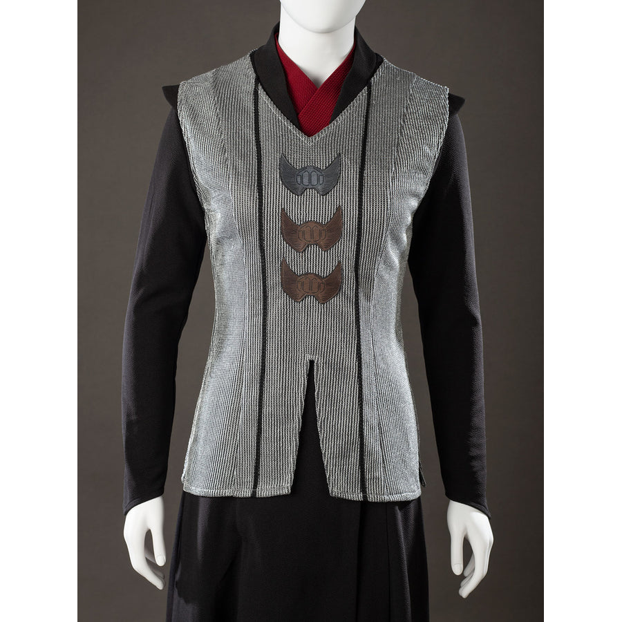 Rhaenyra Targaryen cosplay vest front panel view centers gray texture beneath three dark appliques.