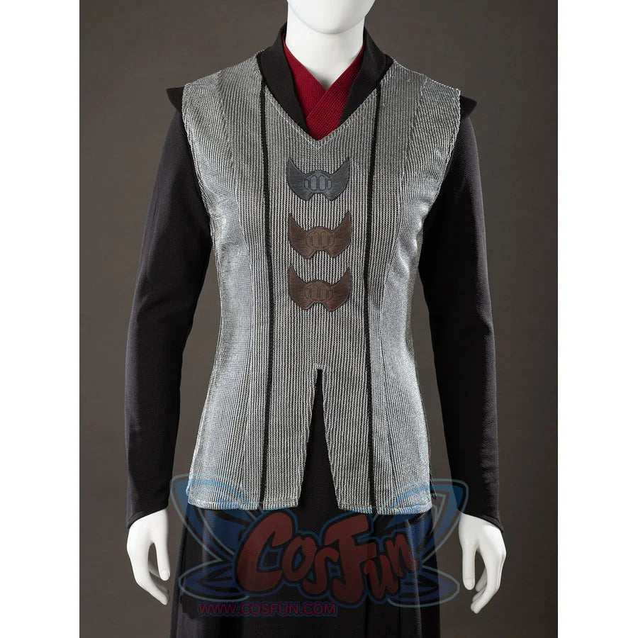 Rhaenyra Targaryen cosplay vest front panel view centers gray texture beneath three dark appliques.