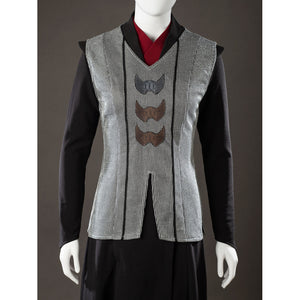 Rhaenyra Targaryen cosplay vest front panel view centers gray texture beneath three dark appliques.