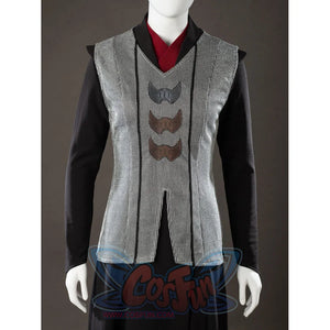 Rhaenyra Targaryen cosplay vest front panel view centers gray texture beneath three dark appliques.