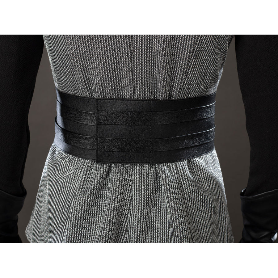 Rhaenyra Targaryen cosplay waist cincher back view stacks black bands across the gray vest panel.