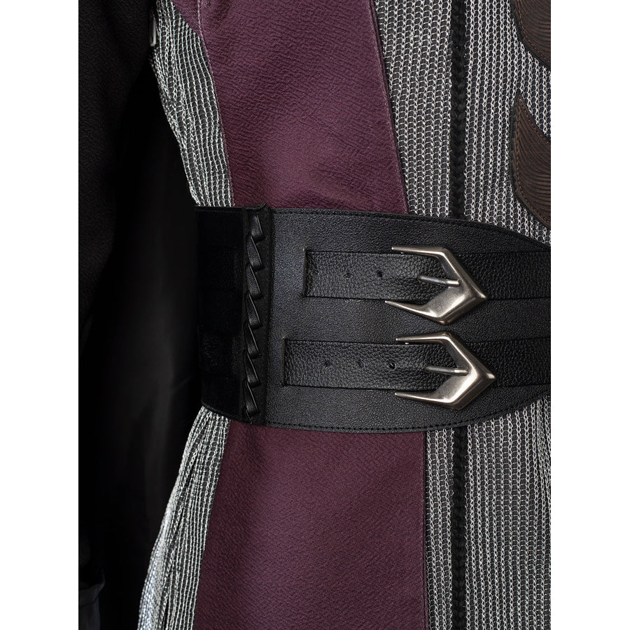 Rhaenyra Targaryen cosplay waist cincher close-up sets twin arrow buckles over black faux leather.