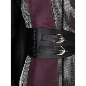 Rhaenyra Targaryen cosplay waist cincher close-up sets twin arrow buckles over black faux leather.