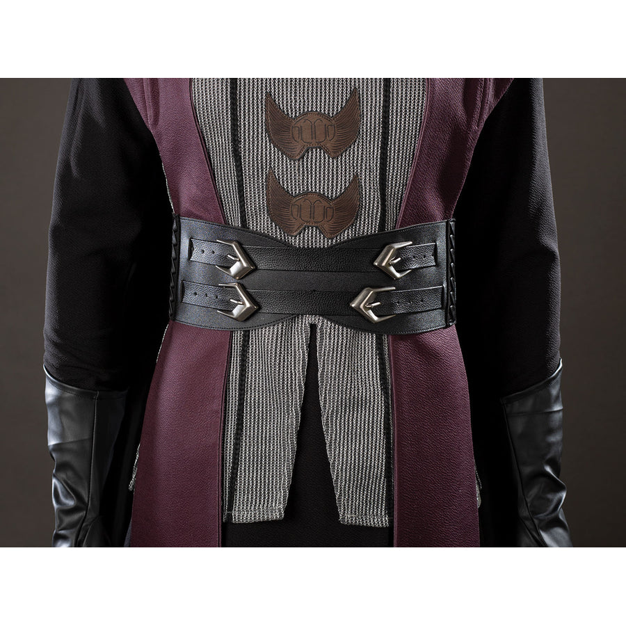 Rhaenyra Targaryen cosplay waist cincher front view wraps black faux leather straps across the robe.