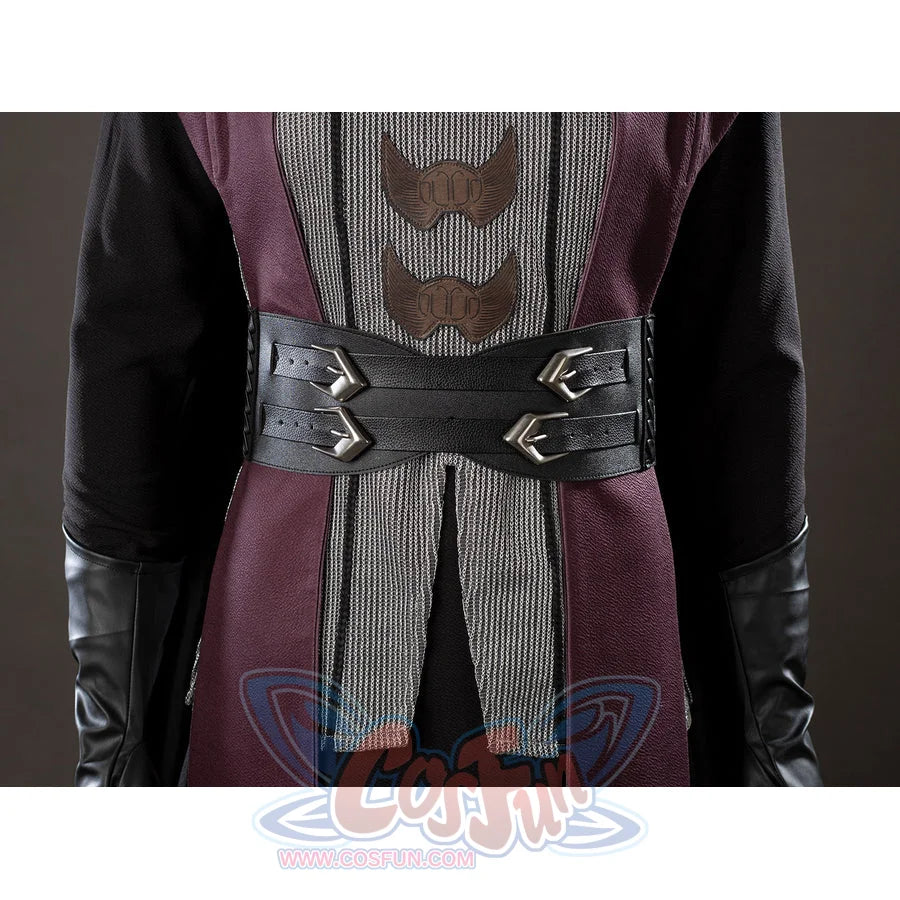 Rhaenyra Targaryen cosplay waist cincher front view wraps black faux leather straps across the robe.