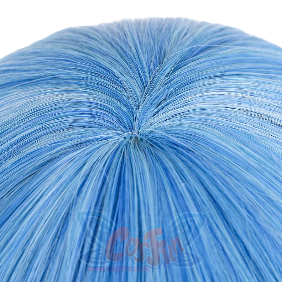 Top close-up of Richeh cosplay wig from Witch Hat Atelier showing blue fiber crown, center swirl, and straight strands