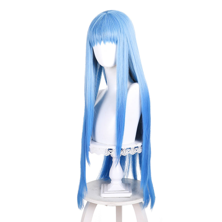 Angled front view of Richeh cosplay wig from Witch Hat Atelier with long blue hair, straight bangs, and side strands
