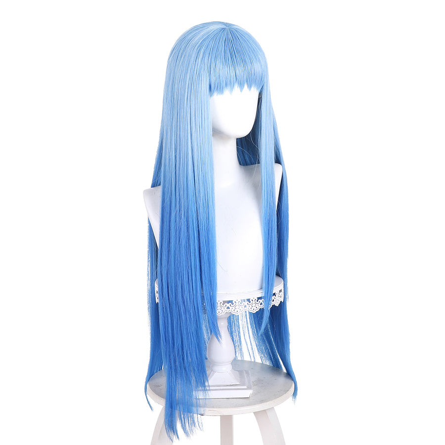 Side view of Richeh cosplay wig from Witch Hat Atelier with long blue straight hair, full bangs, and face-framing strands