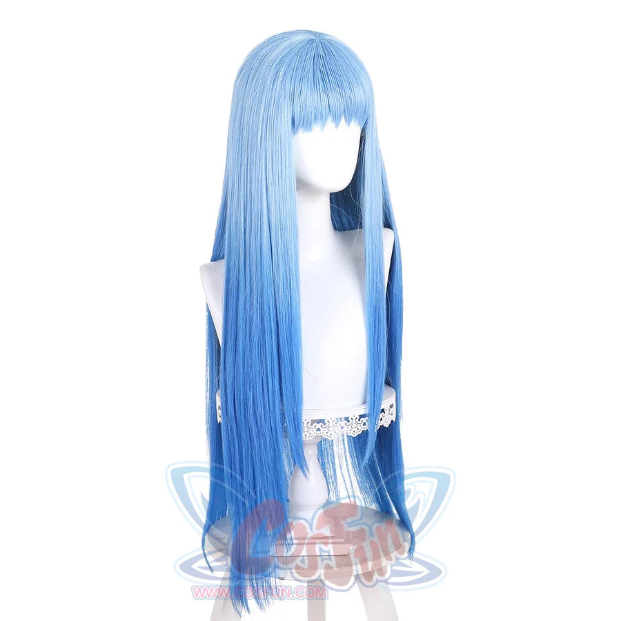 Side view of Richeh cosplay wig from Witch Hat Atelier with long blue straight hair, full bangs, and face-framing strands