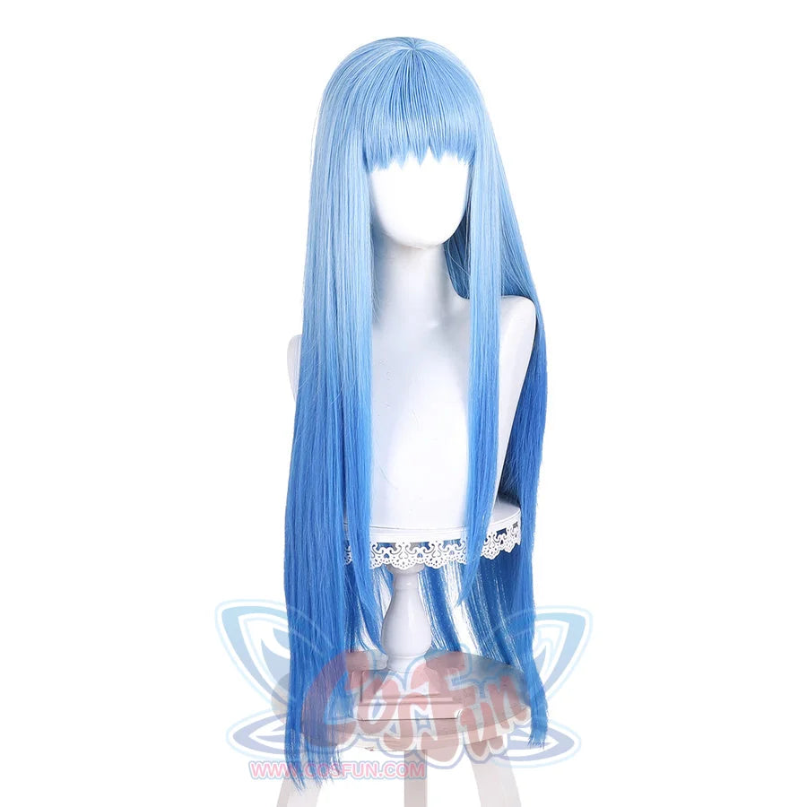 Three-quarter view of Richeh cosplay wig from Witch Hat Atelier with long blue straight hair and layered bangs