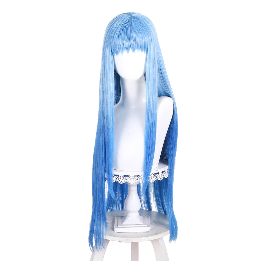 Front view of Richeh cosplay wig from Witch Hat Atelier with long blue straight hair, full bangs, and dark side locks