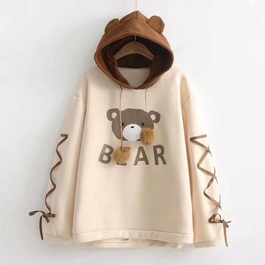 Rilakkuma Bear Ears Lace-Up Sleeves Hoodie Mp006154 Beige &amp; Brown / One Size Hoodie