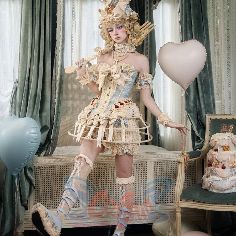 Full styling view centered on the pumpkin bloomers with pale blue ribbon accents