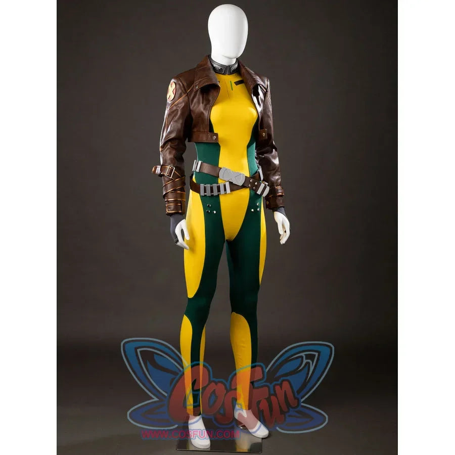 Angled front view of Rogue Anna Marie cosplay costume with cropped brown jacket, yellow green bodysuit, belt, and gloves