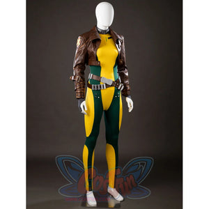 Angled front view of Rogue Anna Marie cosplay costume with cropped brown jacket, yellow green bodysuit, belt, and gloves
