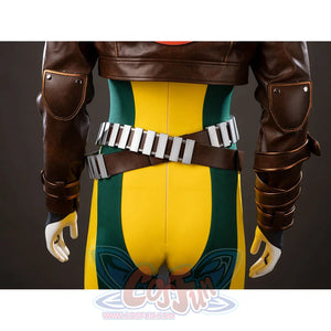 Back waist detail of Rogue Anna Marie cosplay costume with brown utility belt, gray pouches, and yellow green bodysuit