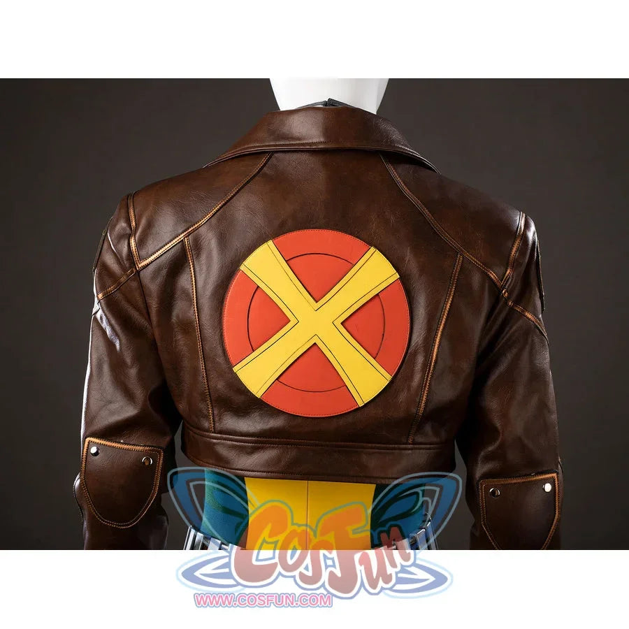 Back jacket view of Rogue Anna Marie cosplay costume with red yellow X emblem, brown collar, and stitched panels
