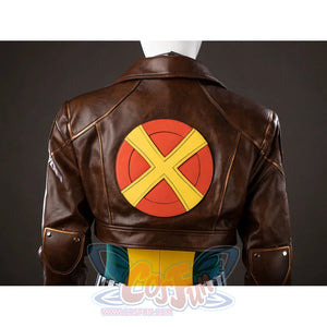 Back jacket view of Rogue Anna Marie cosplay costume with red yellow X emblem, brown collar, and stitched panels