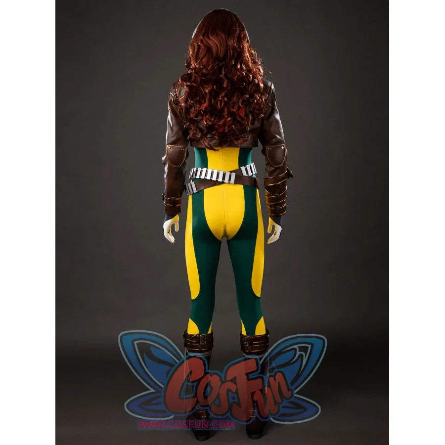 Back view of Rogue Anna Marie cosplay costume with brown jacket, red yellow X emblem, yellow green bodysuit, and belt