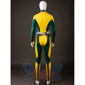 Back view of Rogue Anna Marie cosplay costume bodysuit with yellow green panels, choker, waist belt, and leg accents