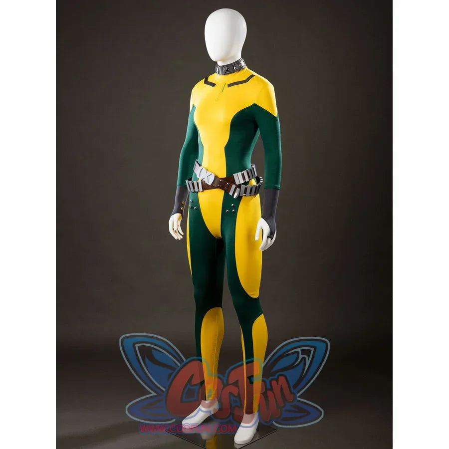 Angled side view of Rogue Anna Marie cosplay costume bodysuit with yellow green panels, choker, waist belt, and gloves