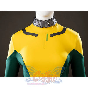 Upper bodysuit detail of Rogue Anna Marie cosplay costume with yellow chest, green sleeves, black trim, and choker