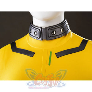 Neckline close-up of Rogue Anna Marie cosplay costume with black choker, silver studs, yellow chest, and green accent