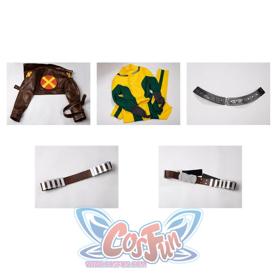 Flat lay of Rogue Anna Marie cosplay costume set with brown jacket, yellow green bodysuit, choker, belts, and gloves