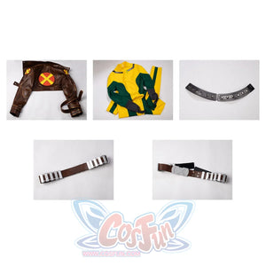 Flat lay of Rogue Anna Marie cosplay costume set with brown jacket, yellow green bodysuit, choker, belts, and gloves